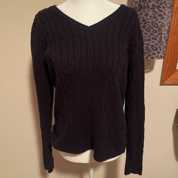 Dark Navy blue V-Neck Cable Knit Sweater - Picture 1 of 2